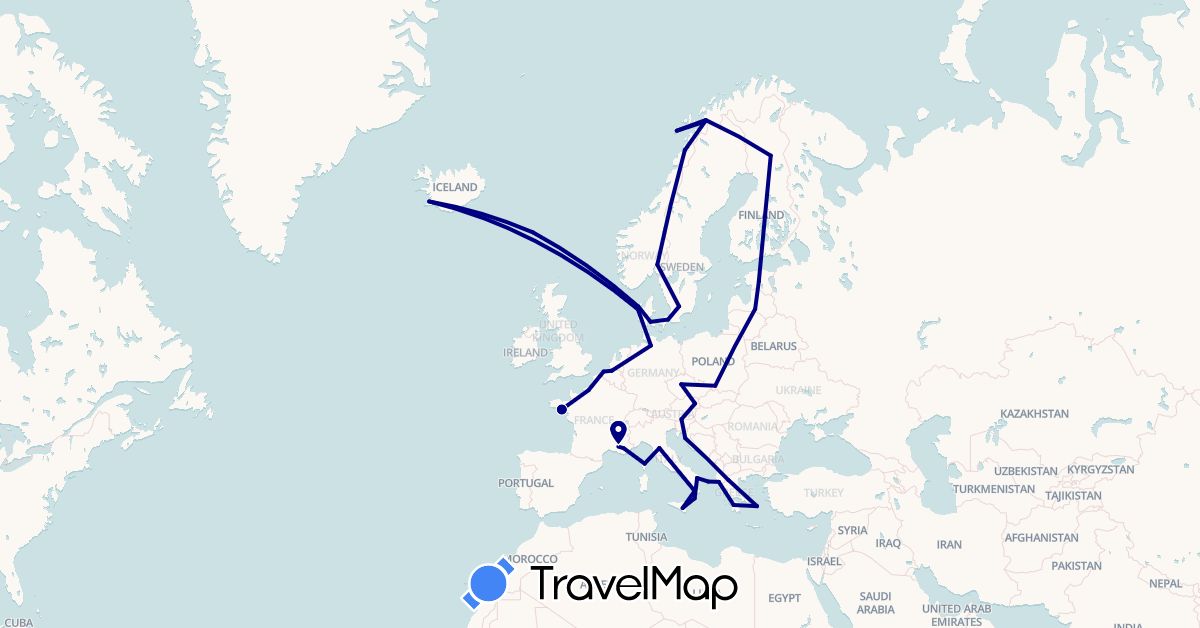 TravelMap itinerary: driving in Albania, Austria, Belgium, Czech Republic, Germany, Denmark, Estonia, Finland, Faroe Islands, France, Greece, Croatia, Iceland, Italy, Latvia, Norway, Poland, Sweden (Europe)